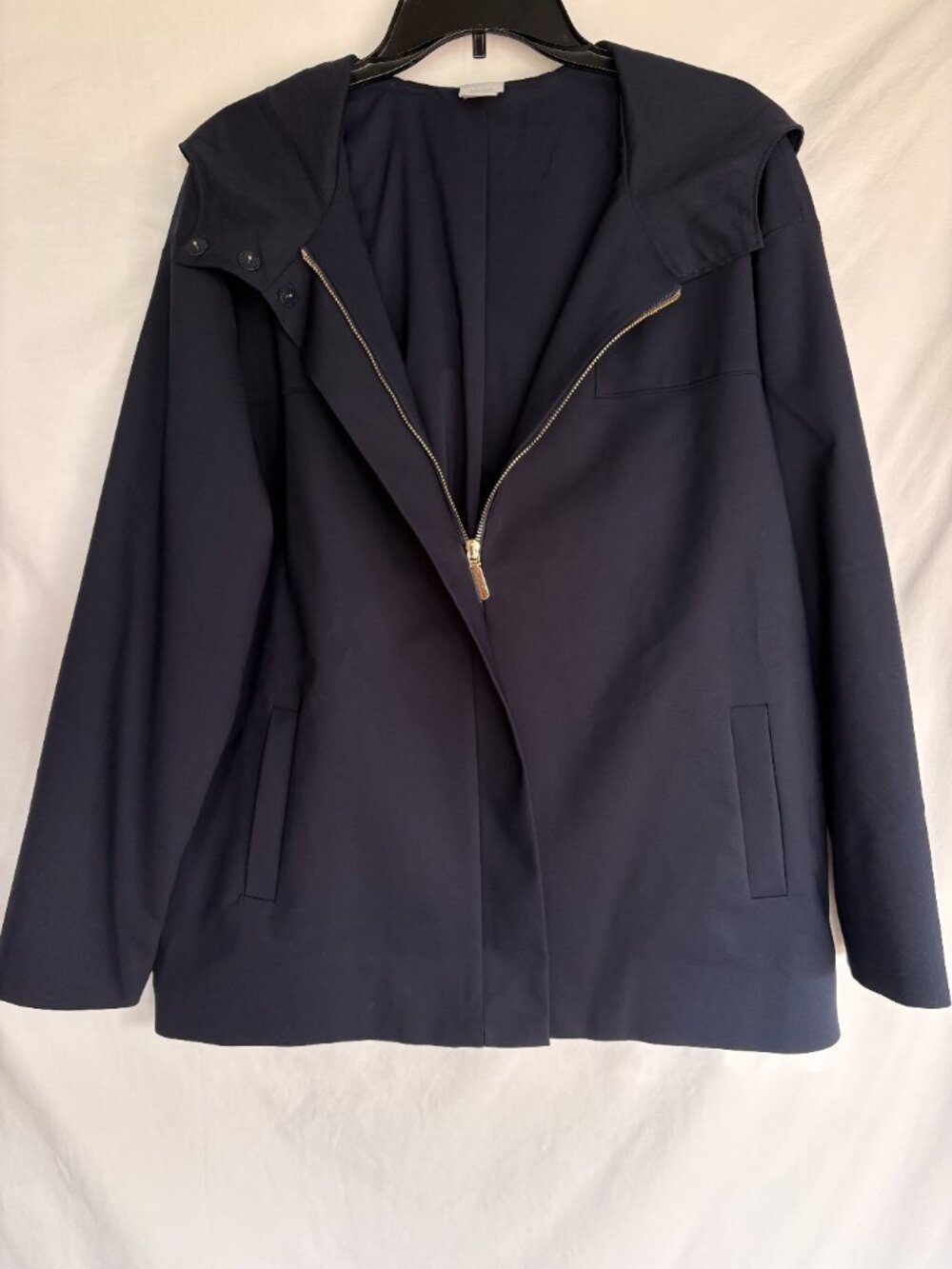 Chico’s Navy Blue Hooded Jacket Size 2 (12/14) Gold Zip Stretch Cotton